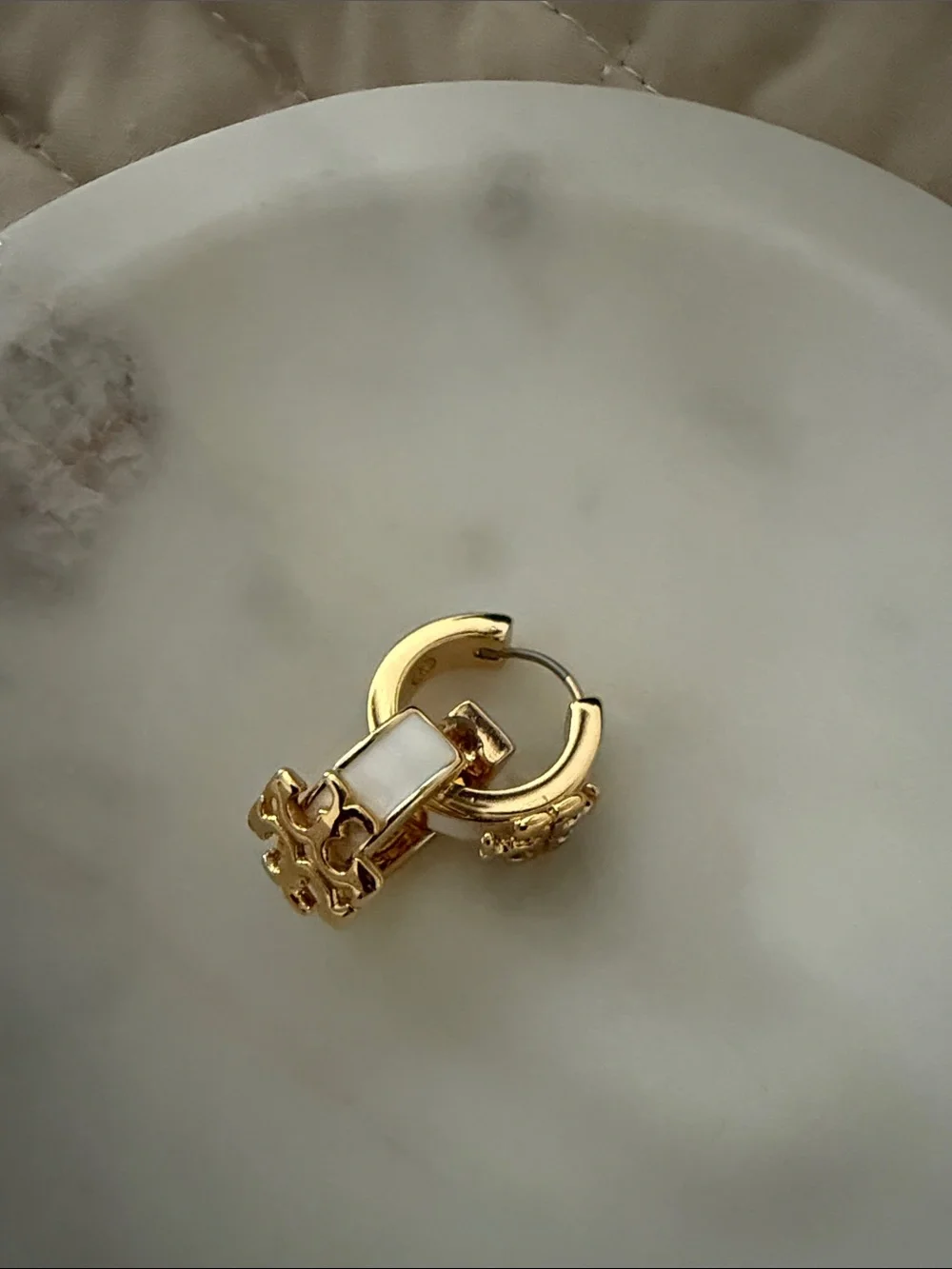 Tory Burch Gold and Cream Logo Hoop Earrings